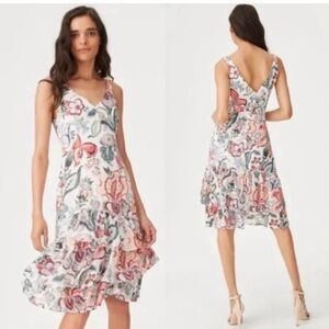 Stunning Club Monaco White Floral Midi Dress with Pink & Green Print
